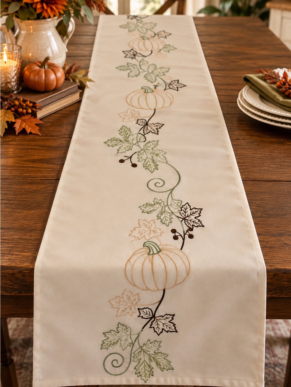 Elegant Embroidered Pumpkin Table Runner 14x72 Neutral Fall Thanksgiving